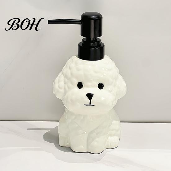 Shampoo Dispenser Bottle 400ML Ceramic Dog Soap with Plastic Pump, Puppy Shape Refillable Pump Head Liquid Hand Container, Empty Shower Gel Lotion for