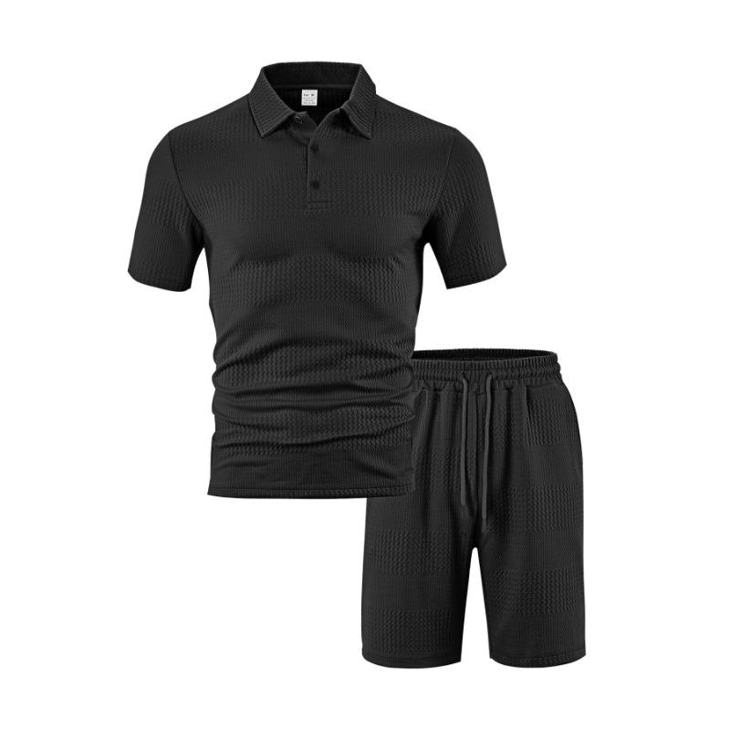 Mens Casual Two Piece Outfit Waffle Knit Short Sleeve Polo Shirt And Drawstring Shorts Set