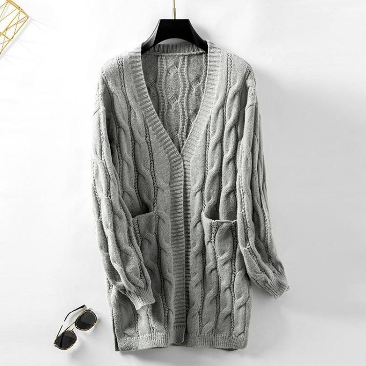 Vintage Autumn Winter Solid Color Loose V-Neck Long Sleeve Cardigan Sweater Knitwear