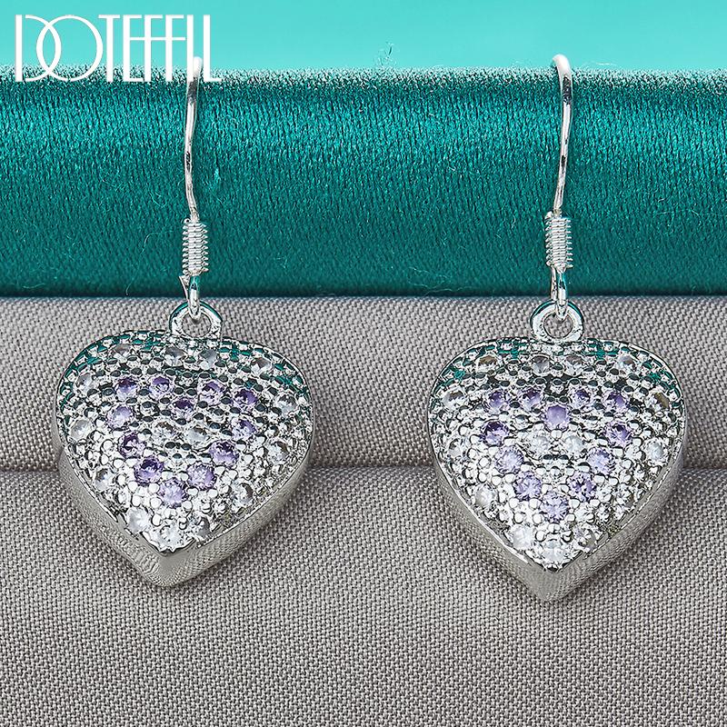 925 Sterling Silver Heart-shaped Purple AAA Zircon Earrings, Fashionable Wedding Jewelry