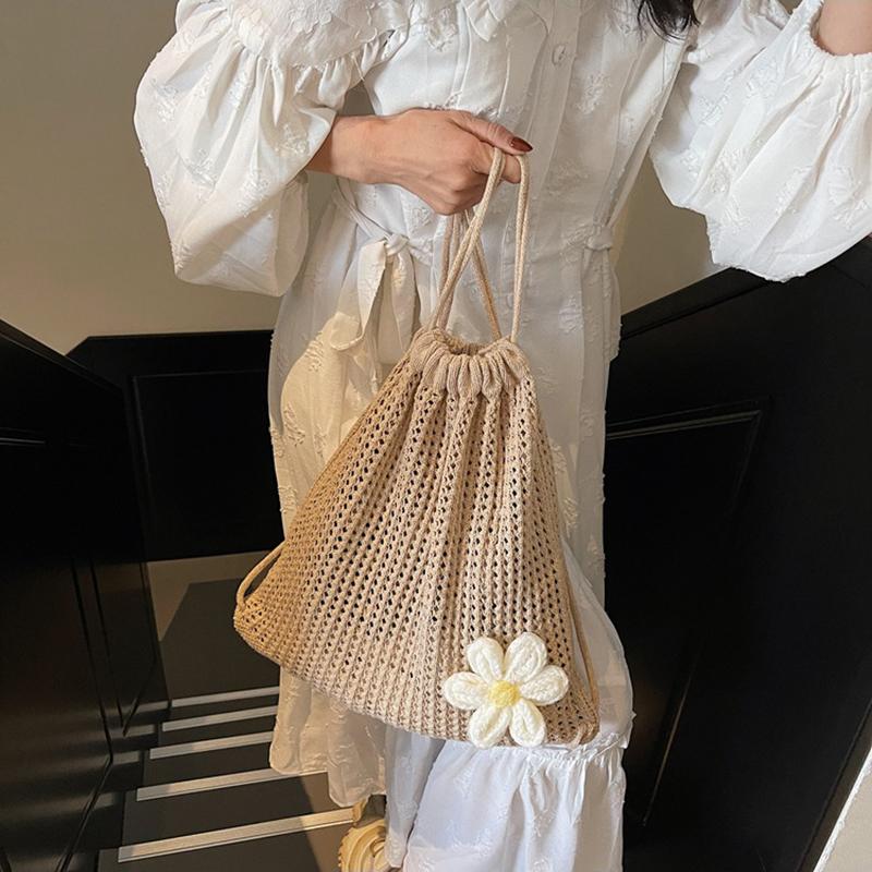 Yogodlns Fashion Solid Color Floral Decor Crochet Shoulder Bag Woven Women Beach Holiday Bucket Hollow Out Large Capacity  Backpack