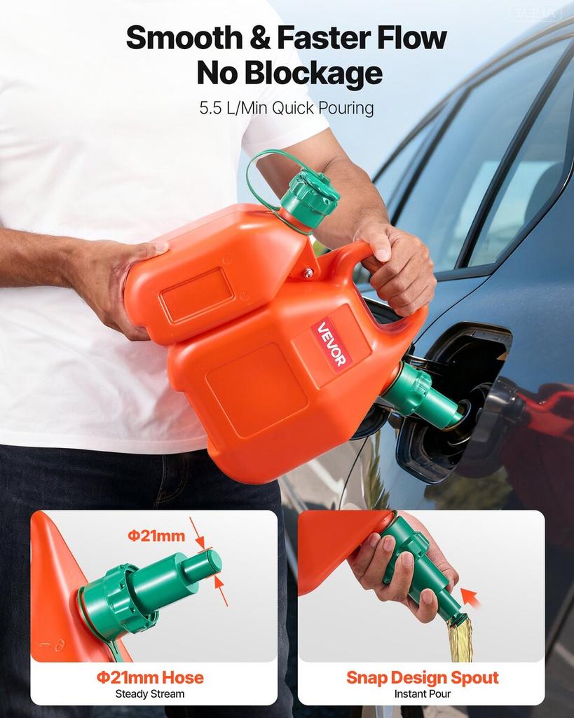 Fuel Container, 6 L, Fuel Tank with Spout & 1.9 L Extra Oil Container, 5.5 L/min Max Flow Rate, Leak-proof and Portable Flat Fluid Container for Most