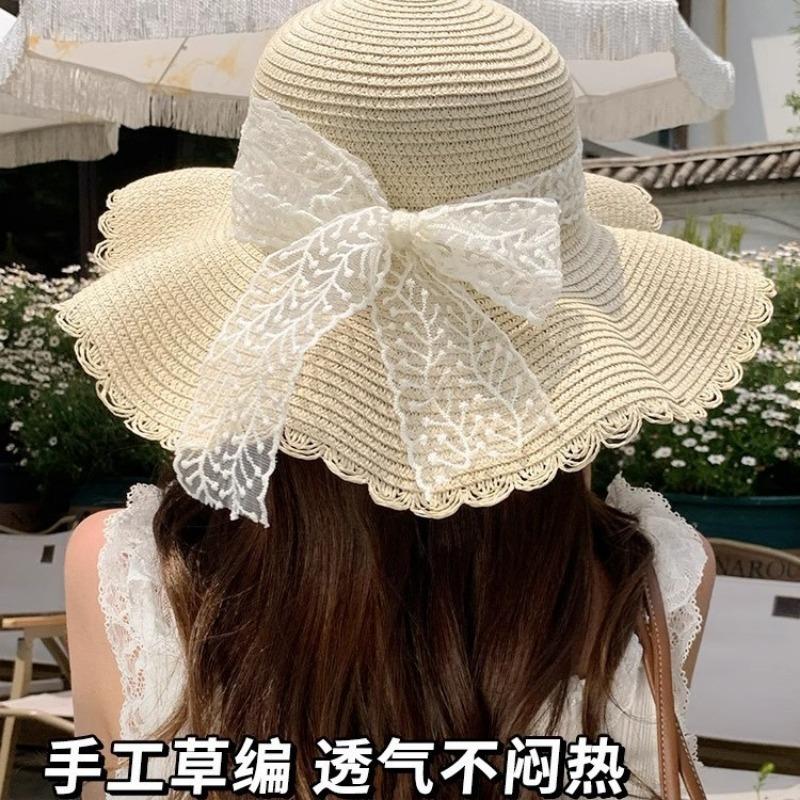 Wave edge bow straw hat women's summer vacation wind seaside beach hat sunshade sun protection hat lace straw hat