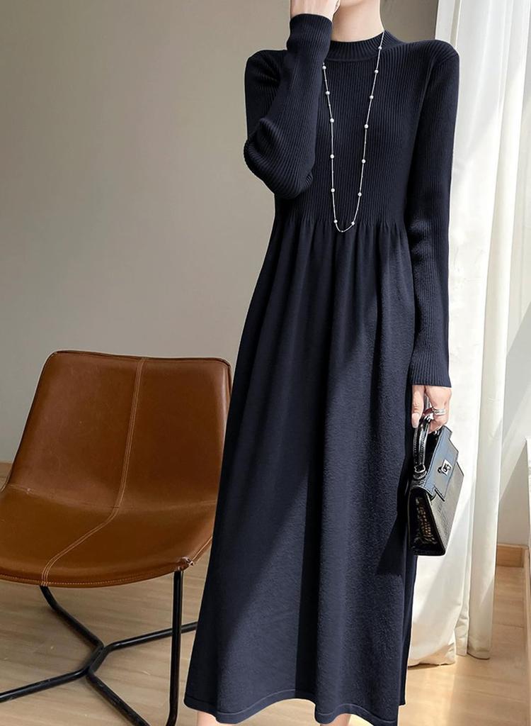Yino Knit Midi Long High Slim Everyday Women's Dress, Sleeves, Flared, Waist, Fit, Stretchy, Slimming, Figure-Flattering, Warm, Cute, Stylish, Wear,