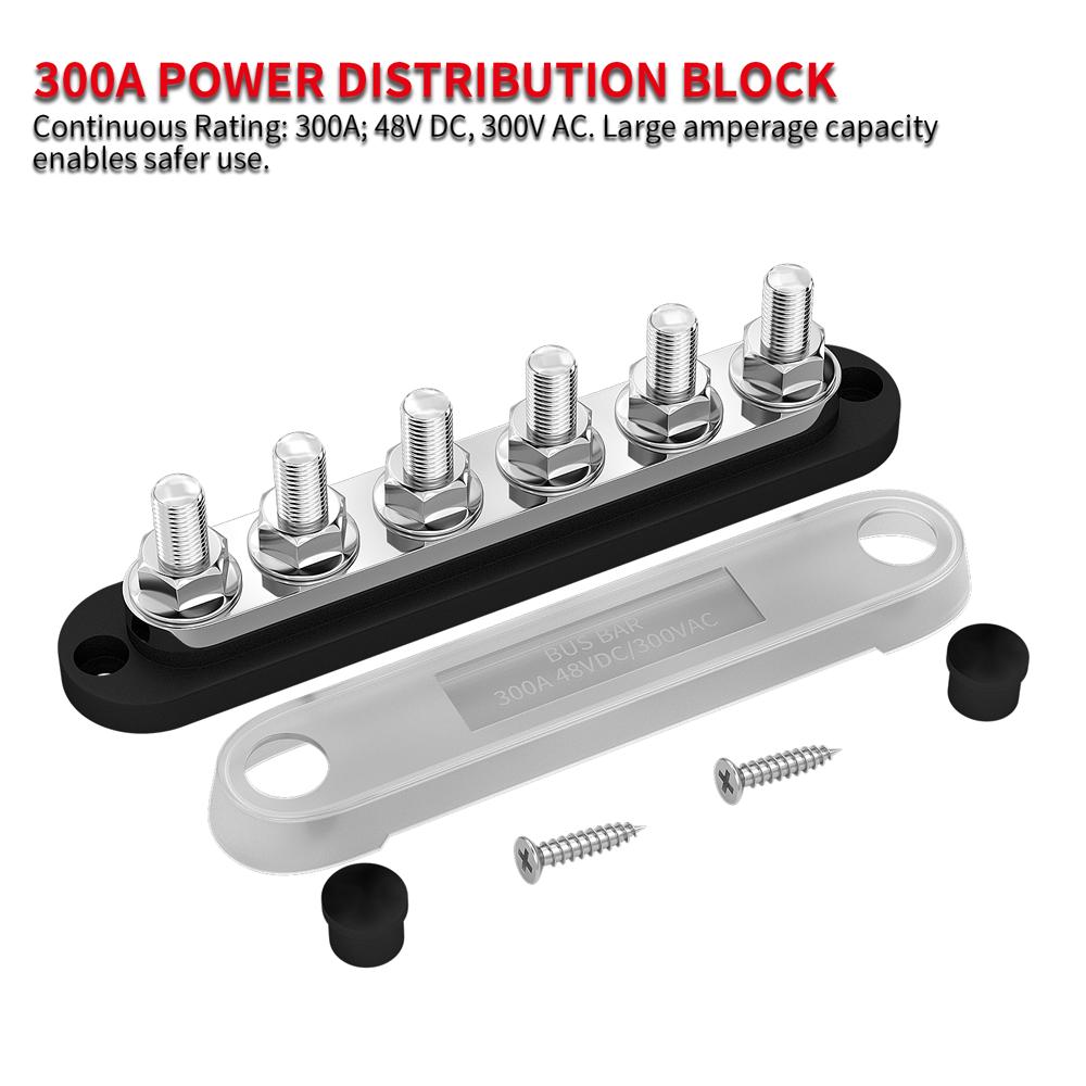 DaierTek 300A Negative Bus Bar 12V Distribution Block 6 X 3/8" M10 Terminal Studs 48V DC Positive Ground Busbar for Automotive
