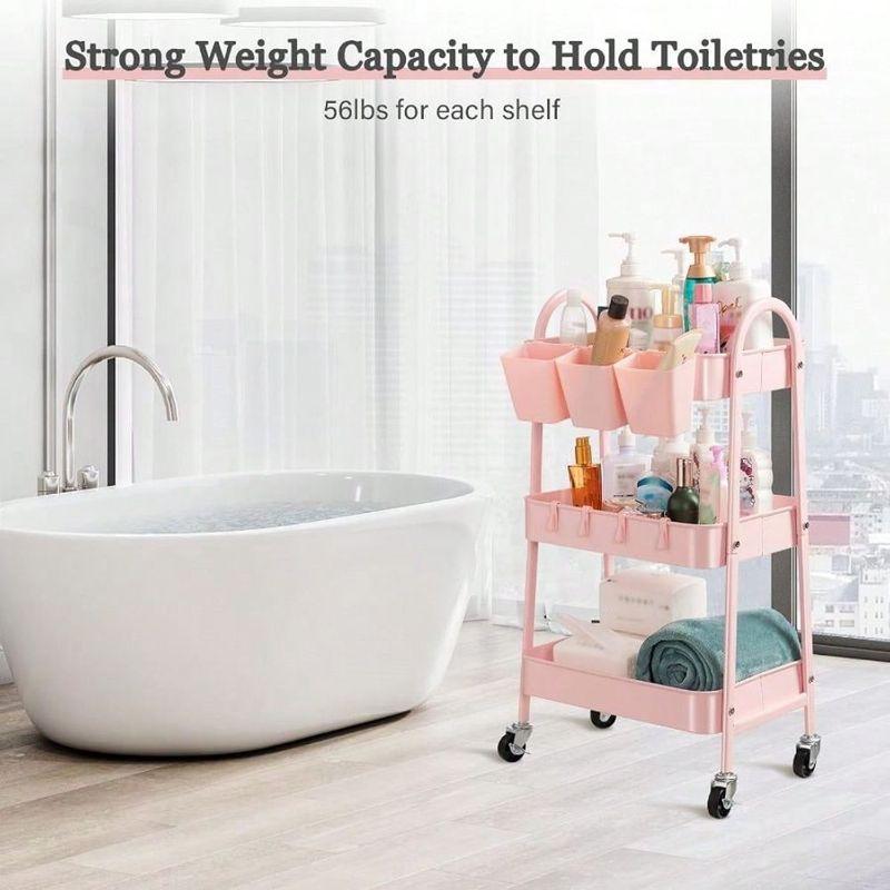 3-Tier Rolling Utility Cart With Lockable Wheels, Mobile Metal Storage Cart With Hanging Cups And Hooks For, Bathroom