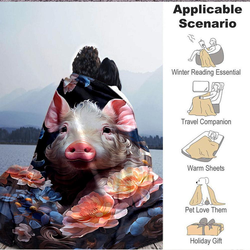 1pc Pig Floral Print Blanket Lightweight Flannel Blanket Throw Blanket For Sofa, Bed, Travel, Camping, Livingroom, Office, Couch, Chair, And Bed Yy251