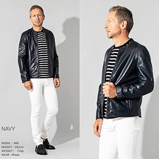 LIUGOO Veste en Cuir Véritable Single Rider LIUGOO SRS12B Taille 3L Marine Homme