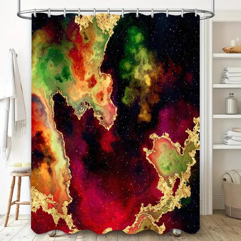 Modern Style Shower Curtain With Cosmic Nebula Print Polyester Fabric For Bath Decor Multicolor