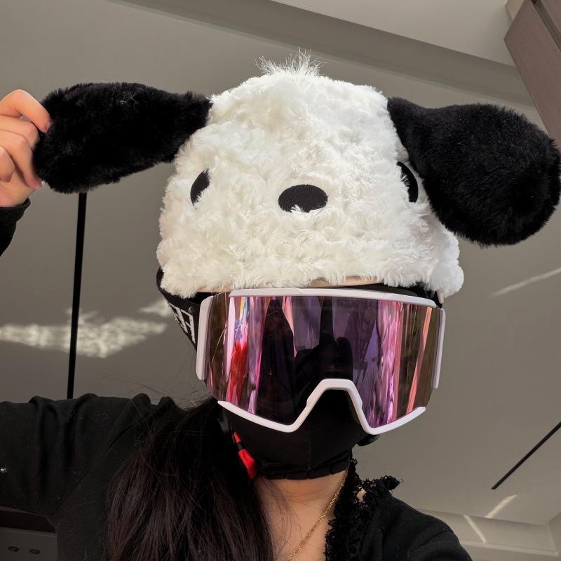 Cute Helmet Decor for Protective Sports Helmets & Motorcycle Helmets Big Ear Dog Plush Ski Helmet Cover Warm Fleece Snowboard Standard
