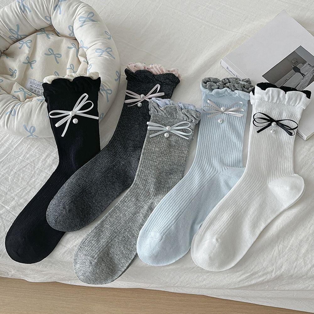Breathable Socks Sweat Absorption Ruffle Socking Fashion Mid Tube Socks  for Women