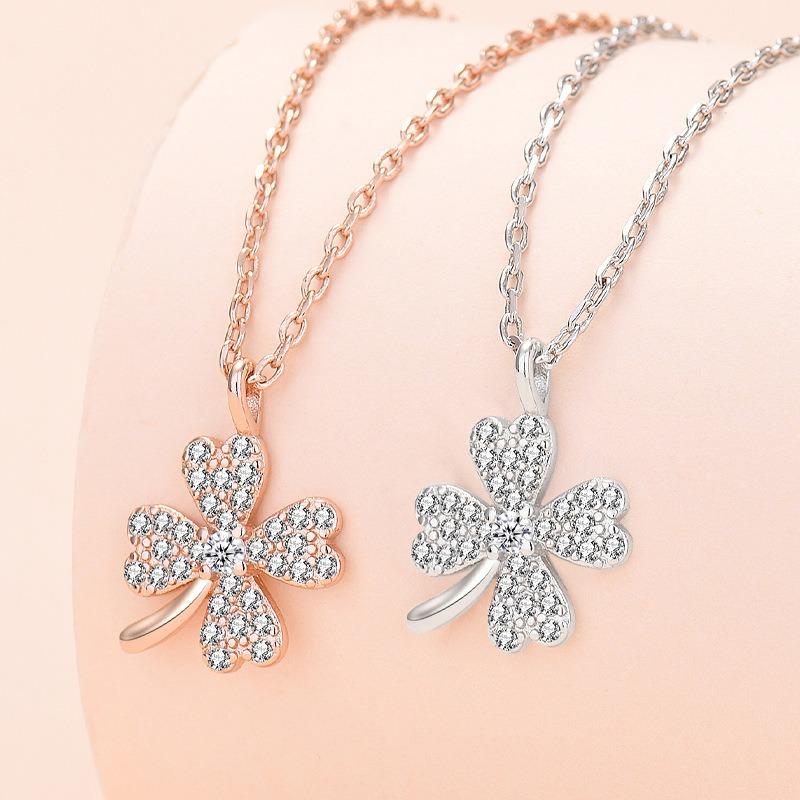 Four-leaf clover necklace, women's tide lucky grass, zircon pendant, collarbone chain jewelry.