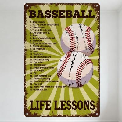 Vintage Baseball Life Lessons Metal Tin Sign - Distressed Sunburst Home Decor with Baseballs for Man Cave Bar Club Cafe