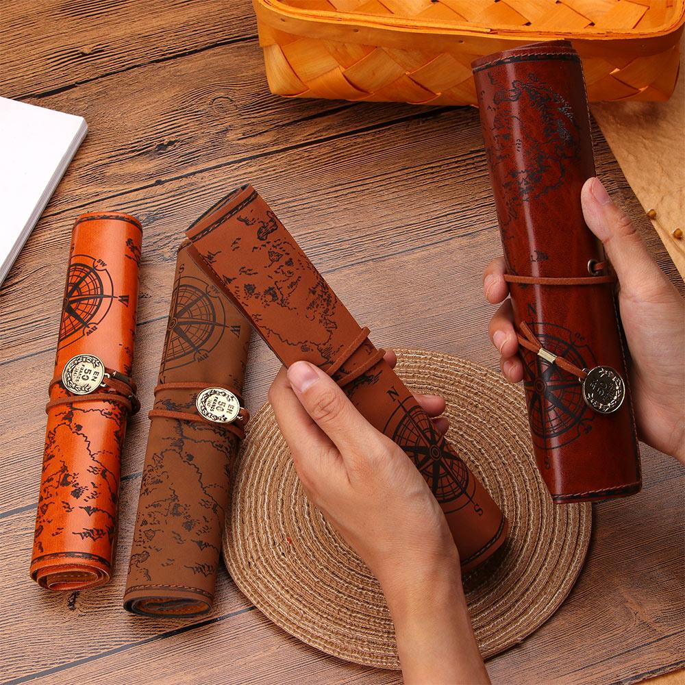 Map Roll Vintage Case Bag Purse Pouch Pen Pencil Case for School Leather Cosmetic Make Up PU Bag