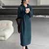 Women Hooded Knit Long Dresses Thick Straight Splice Dress Solid Full Sleeve Casual Loose Vintage Office Lady Autumn Winter