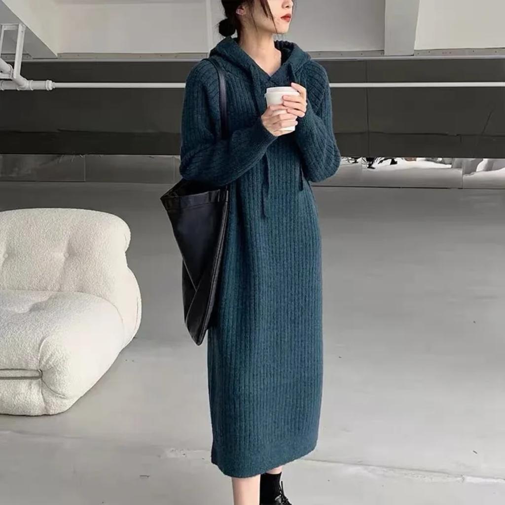 Women Hooded Knit Long Dresses Thick Straight Splice Dress Solid Full Sleeve Casual Loose Vintage Office Lady Autumn Winter