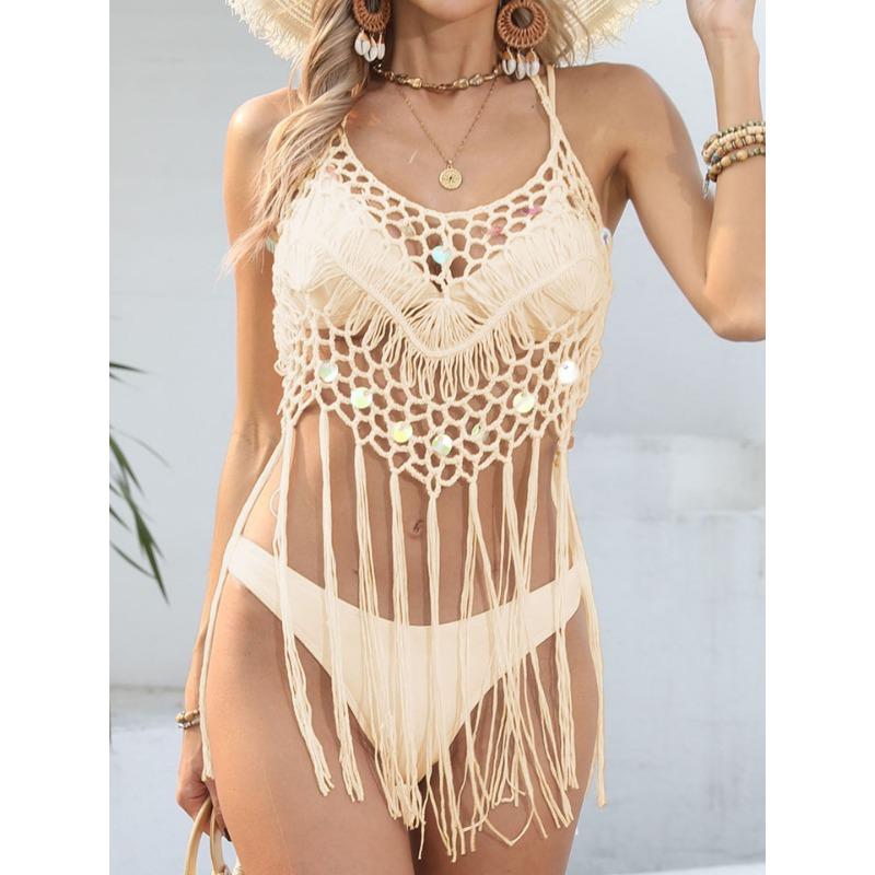 Beach Dress Summer Women's Sequins Patchwork Pure Hand Hooked Halter Dress Holiday Fringe Bikini Cover Up
