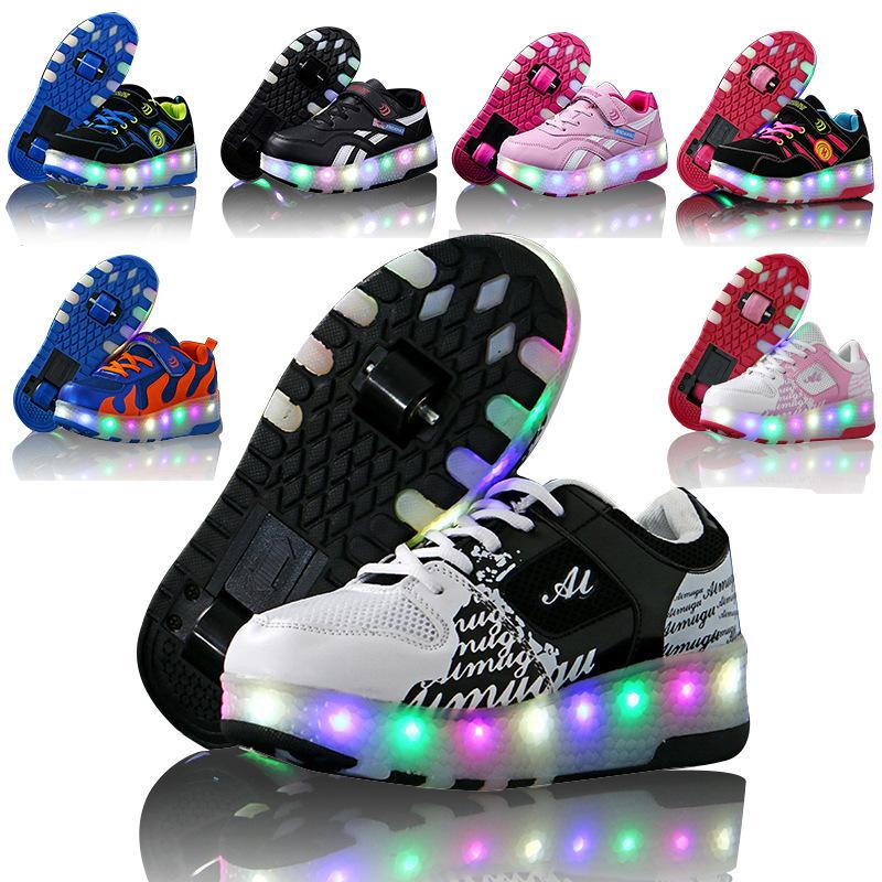 New Boys Vibrating Luminous Shoes Girls Fashion Double Wheel Runaway Shoes Children's Shoes with Wheels 2025