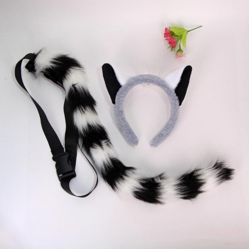 Plush Raccoon Ears and Tail Costume Set with Arched Ear Headbands, Two-Piece Animal Accessories for Cosplay and Costume Balls