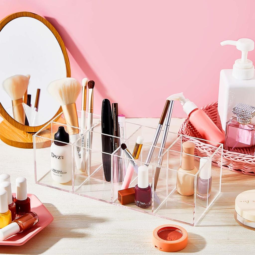 Yulejo 8 Slot Clear Acrylic Pen Holder Makeup Brushes Organizer Holder Eyebrow Pen Container Bathroom Storage Square Cube Deep Organizer Countertop