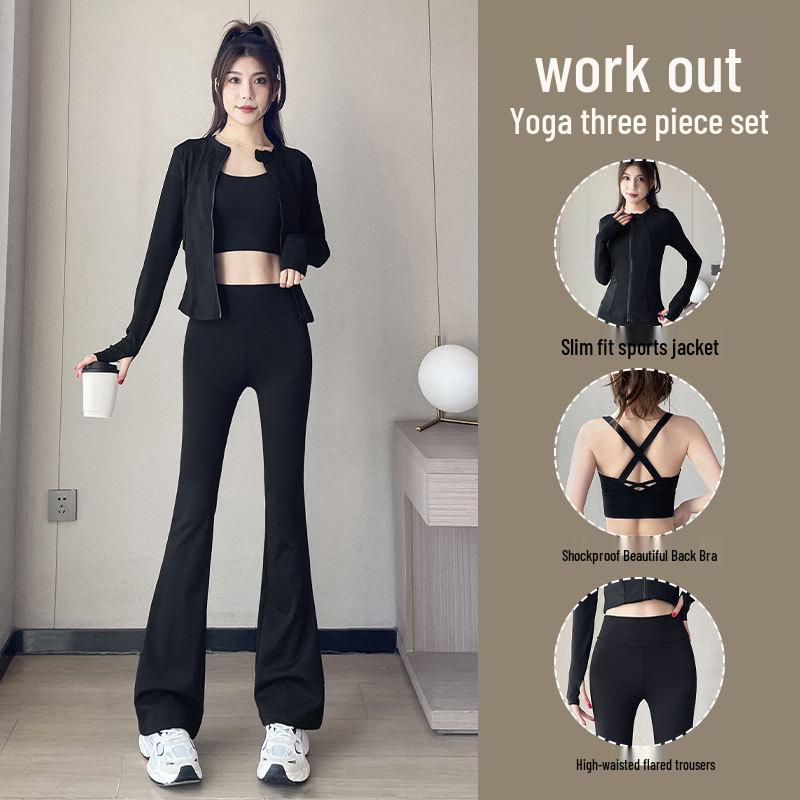 Damen Frühling/Herbst 2024 High-End Sport Fitness Yoga Set: Jacke & Schlankmachende Micro-Flare-Hose