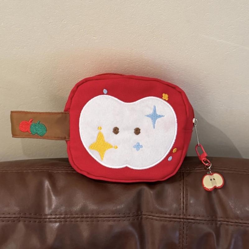 Portable Embroidered Apples Storage Bag With Hand Carry Handle For Organizing Cosmetics And Small Essential