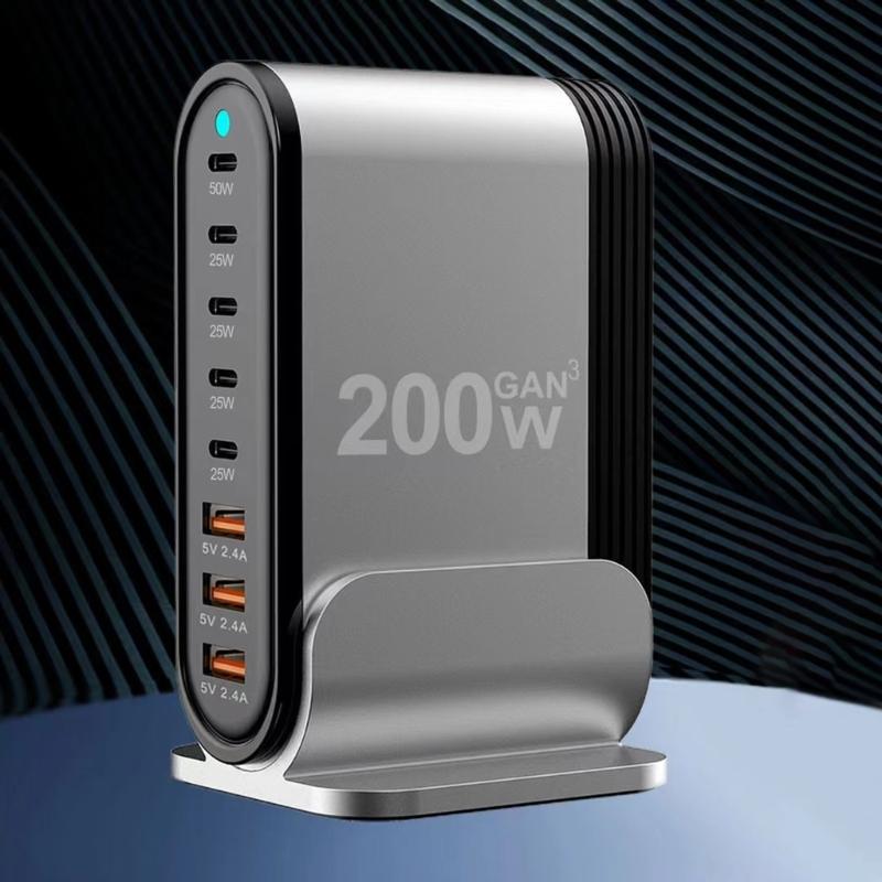 Aluminum Alloy Desktop Stand Charging Adapter 200W Charger with 3xUSB and 5xType C Interfaces for Multiple Devices