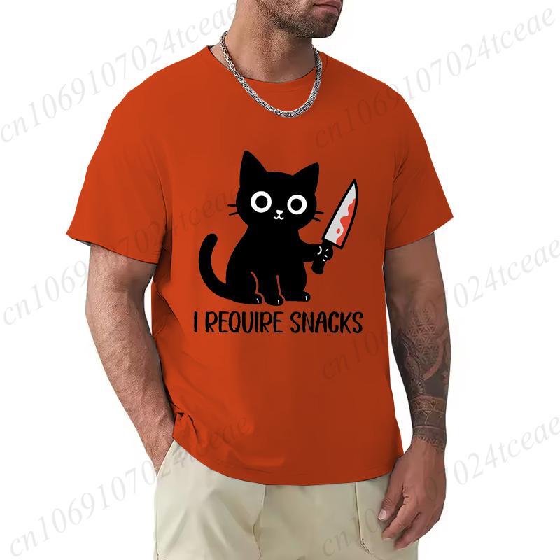 Summer Men's Tee T-shirt Clothes I Require Snacks Black Cat Print T-Shirts Clothing Funny Meme Animal Lover Tops Tees Clothes