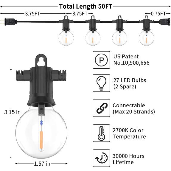 ZOTOYI Outdoor String Lights 50FT, LED Patio Lights with 27 Plastic G40 Bulbs(2 Spare), Waterproof IP65 Edison Globe String Lights for Outside, Cafe,