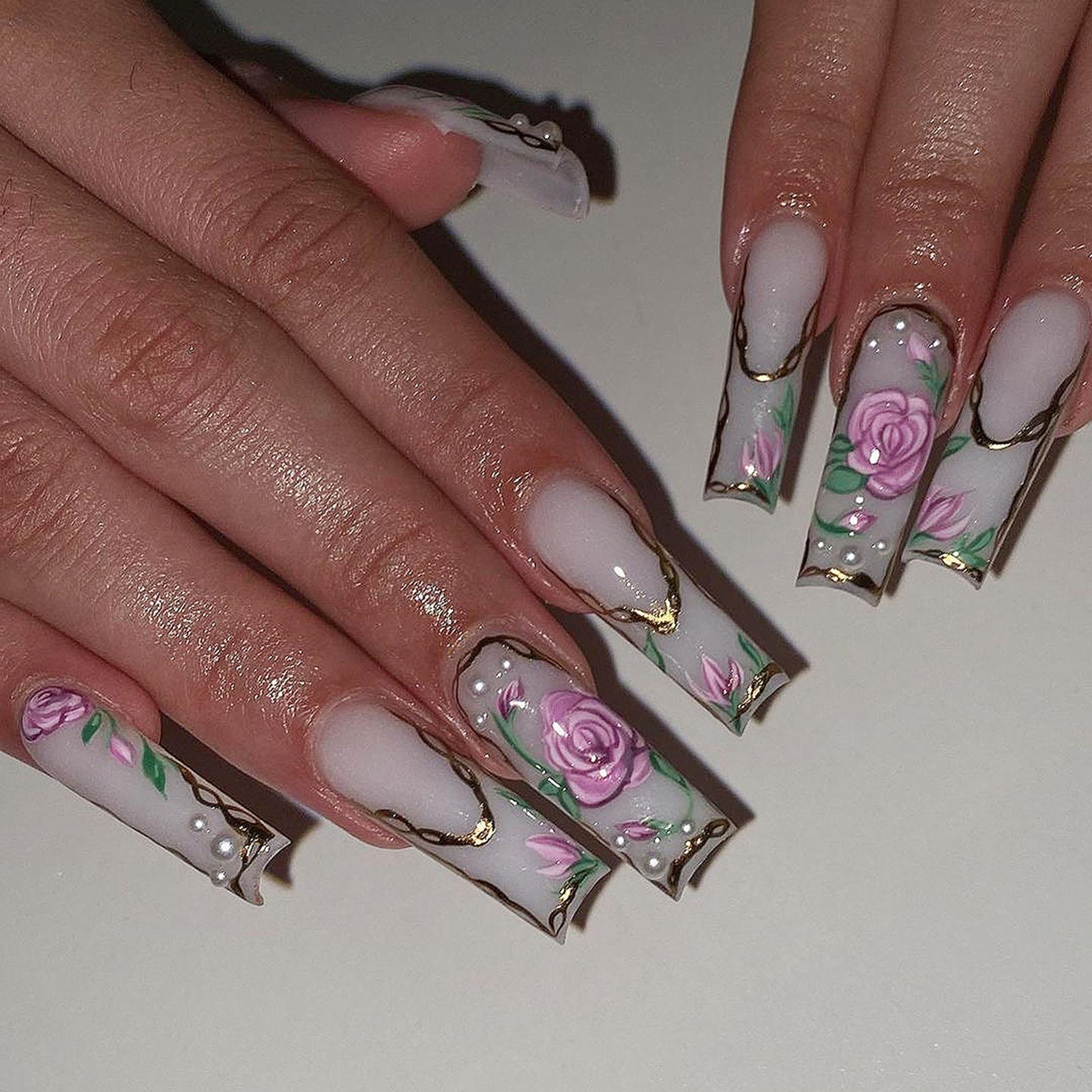 24PCS French Style False Nails White Long Fake Nails Flower Printed Fake Nail Wearable Full Cover Nails Tips Acrylic Nail Tips
