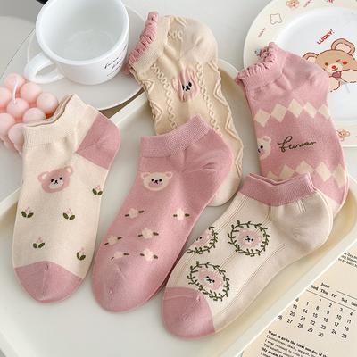 Skinny Boneless Socks for Spring and Summer, Versatile, Breathable, Sweat-absorbent, Sweet and Cute Cartoon Bear Boat Socks