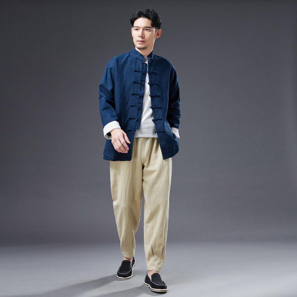 Men's Chinese Style Ramie Jacket Shirt - Casual Loose Fit with Stand Collar and Frog Buttons