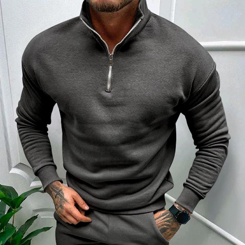 Men's Casual Fleece-lined Half-Zip Stand Collar Sweatshirt