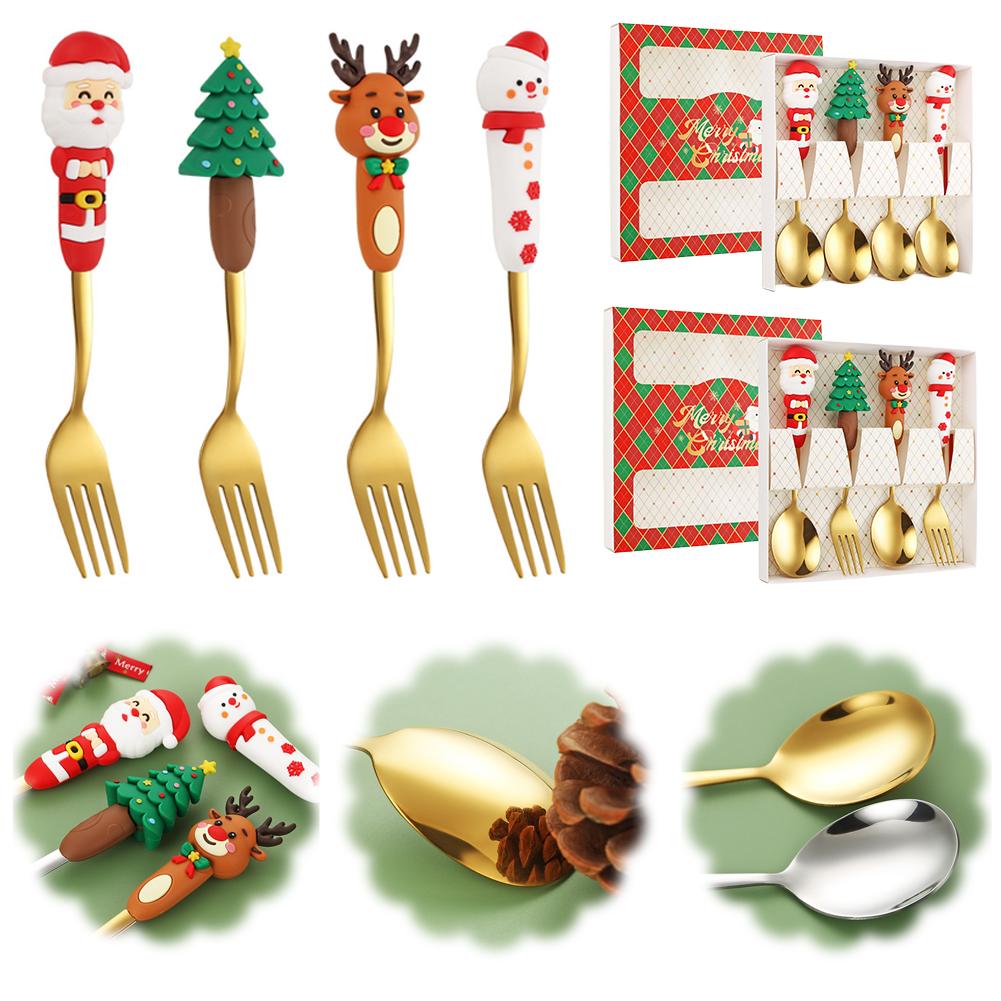4 STÜCKE Weihnachtsgeschirr Edelstahl Besteck Dessertgabel Kaffeelöffel Weihnachtsmann Besteck Mit Luxus Geschenkbox Für Weihnachten