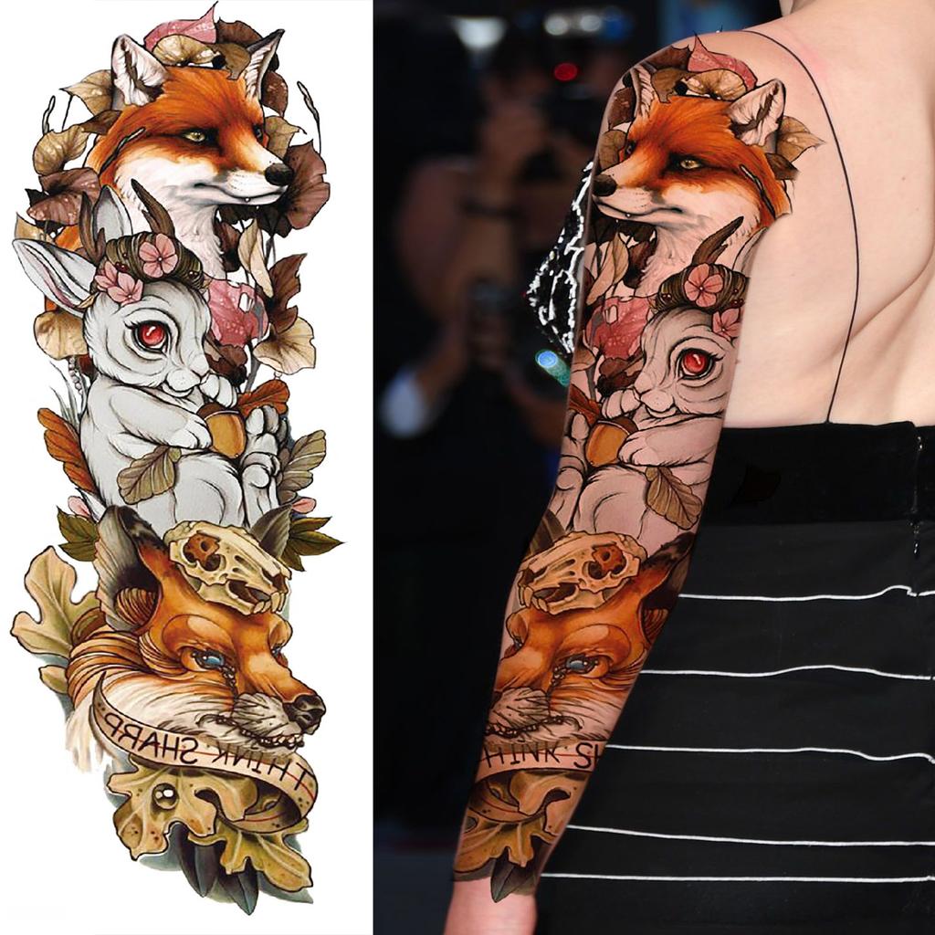 1 Sheet Long Sleeve Temporary Tattoos For Men Women Flower Skull Lion Wolf Tiger Nun Fox Compass Tattoo Sticker Body Art Arm Leg