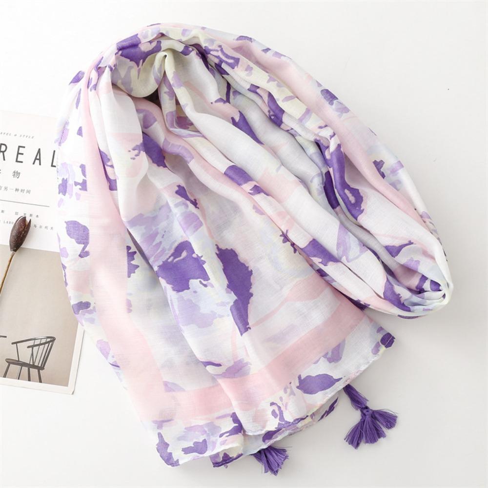 Korean Tassel Viscose Shawl Scarf Wash Painting Style Women Hijab Shawls Chiffon Shawl Wrap  Beach