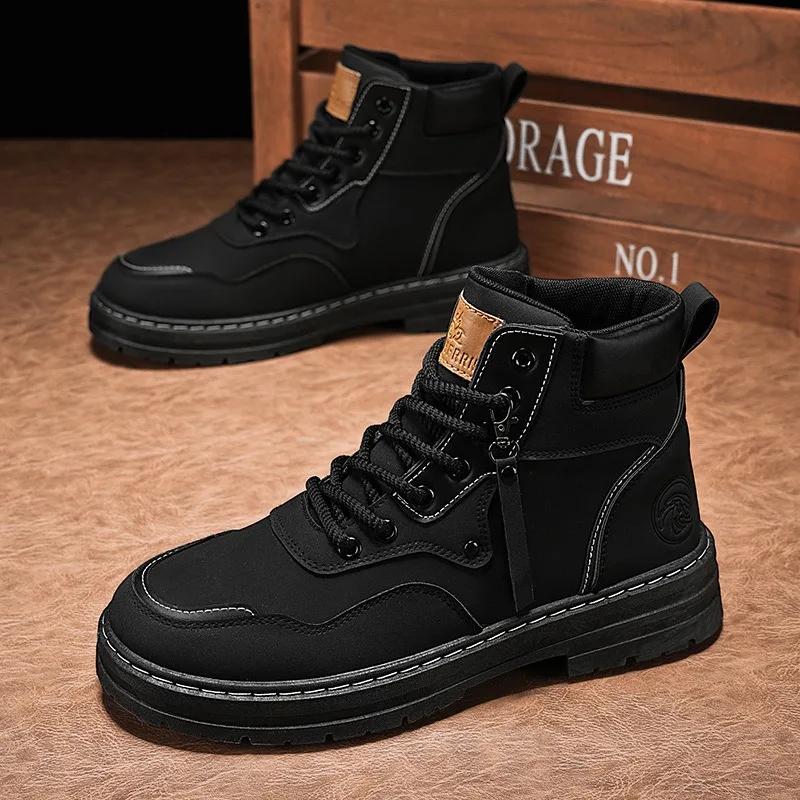 Fashion Men Boots 2024 Autumn High Top British Korean Thick Soled Platform Comfortable Non Slip Short Boots Outdoor Lace Up Cotton Boots