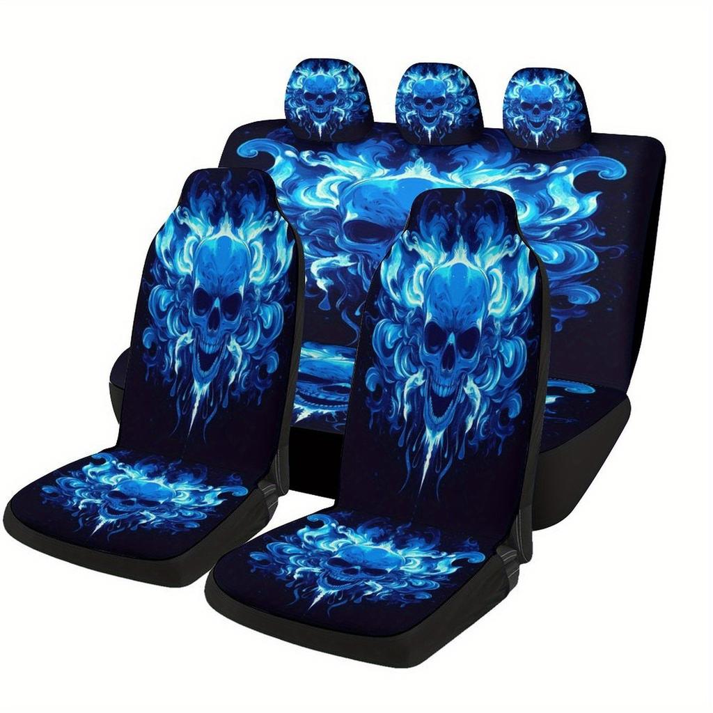 Blue Swirl Skull Art Designed Car Seat Cover Set For Most Cars, High-quality Comfortable Car Seat Protector Covers Full Set, Uni