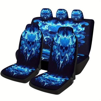 Blue Swirl Skull Art Designed Car Seat Cover Set For Most Cars, High-quality Comfortable Car Seat Protector Covers Full Set, Uni