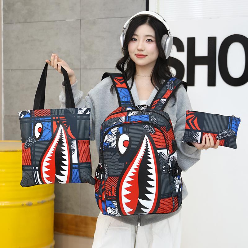 Cute Shark Set Schoolbag New Personalized Creative Men's and Women's Backpack Junior High School Campus Three-piece Backpack