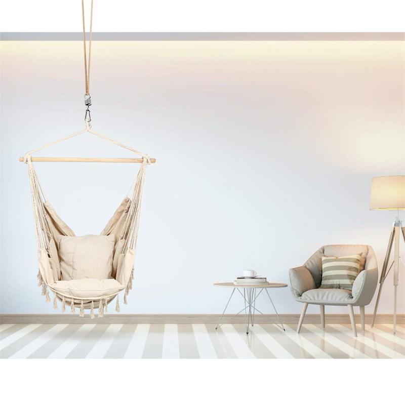 Leagăn cu frânghie suspendat, scaun tip hamac, maxim 500 lbs, 2 perne incluse, scaun suspendat mare din macrame cu buzunar pentru confort superior