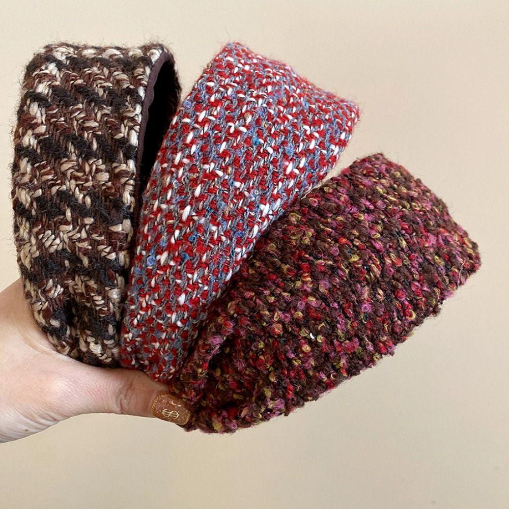 Tweed Knitted Wide Brim Hairband Anti-Slip Turban Headband Luxury Braided Headband Autumn Winter