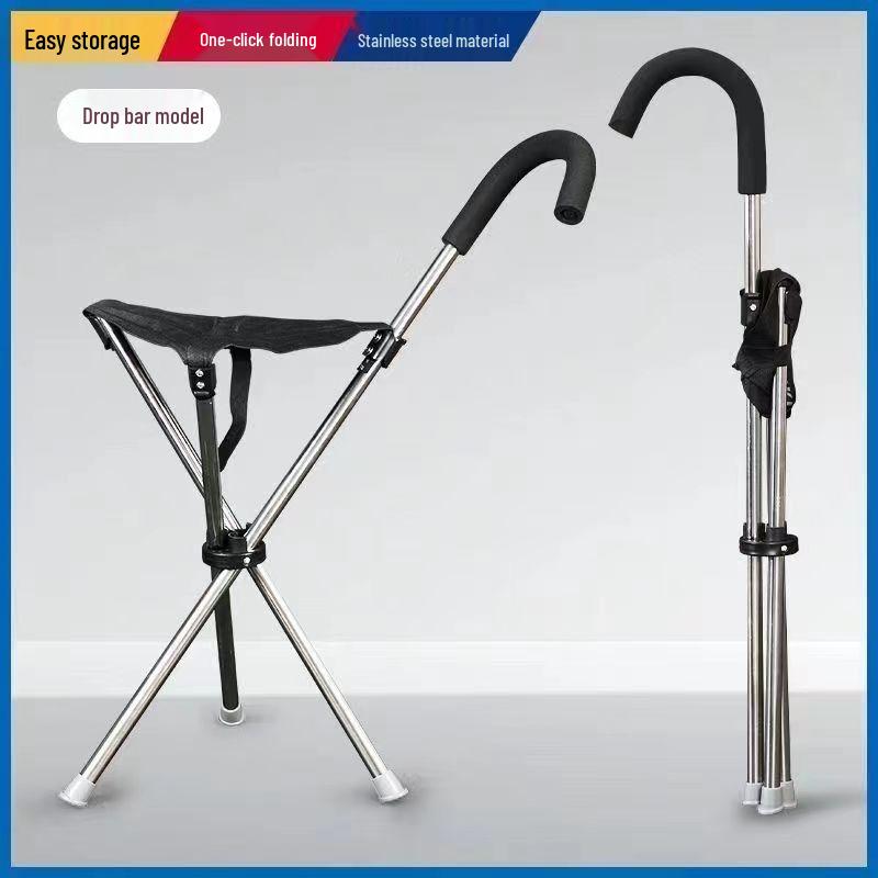 Portable Foldable Non-slip Stainless Steel Walking Stick with Seat