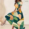 Women Plus Size Round Neck Short Sleeve Geometric Printed Gathered Waist A Line Long Dress