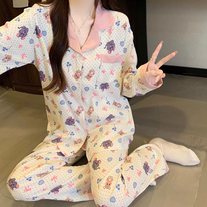 Cartoon Thin Cloud Cotton Sweet Pajamas Women'S Suit Loungewear Long Sleeves Trousers