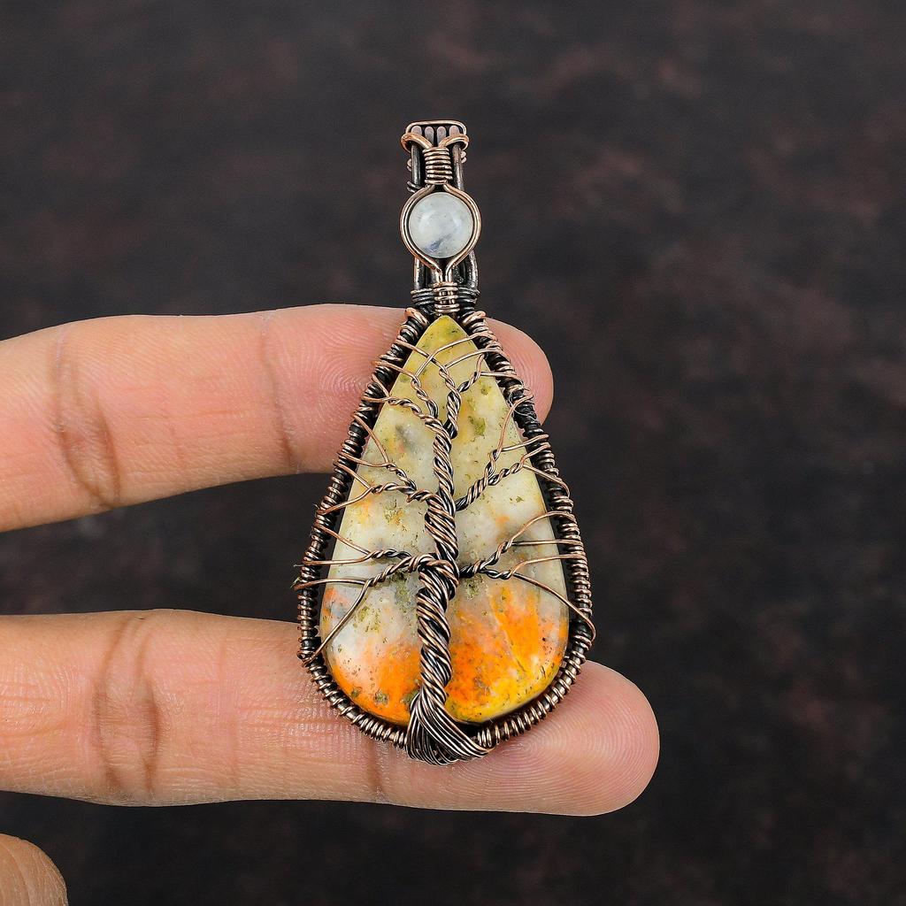 Tree Of Life Bumble Bee Jasper Pendant Copper Wire Wrapped Pendant Rainbow Moonstone Pendant Handmade Gemstone Pendant Unique Copper Jewelry
