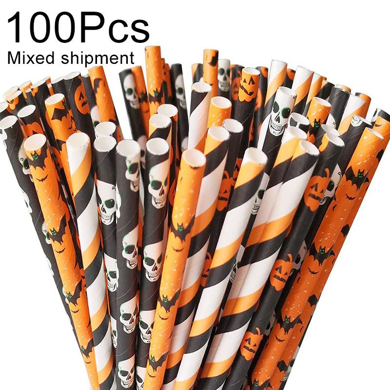100pcs/bag Halloween Paper Straw Pumpkin Bat Spider Skull Orange Black Color Festival Paper Straws