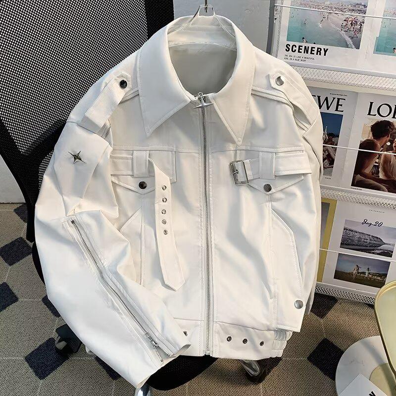 High Street Men's Deconstructed Leather Motorcycle Jacket - Spring/Autumn Loose Fit Trendy Short Jacket