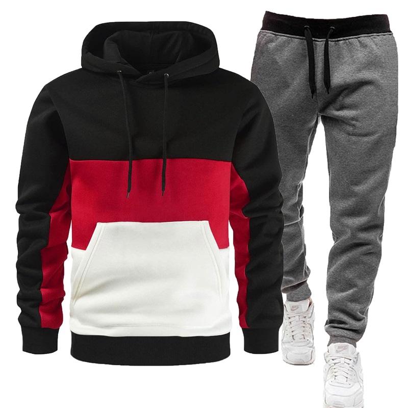 Men's Color Block Hoodie & Sweatpants Set Casual 2PCS Tracksuit, Drawstring Sportswear Outfit