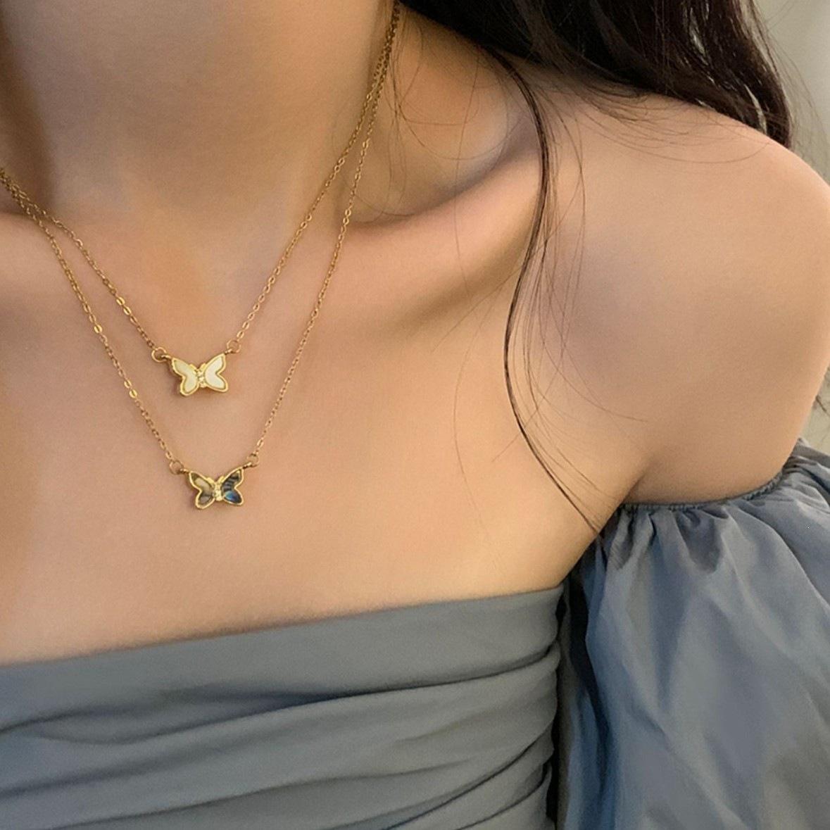 14K Gold Plated S925 Sterling Silver Butterfly Necklace with Mother-of-Pearl - Elegant Collarbone Chain Colorful Mother-of-Pearl + 14K Gold